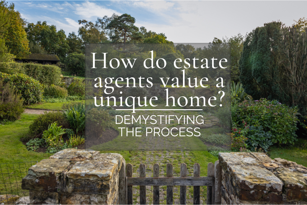 Image of the garden with a wooden gate. The text say's, How do estate agents value a unique home