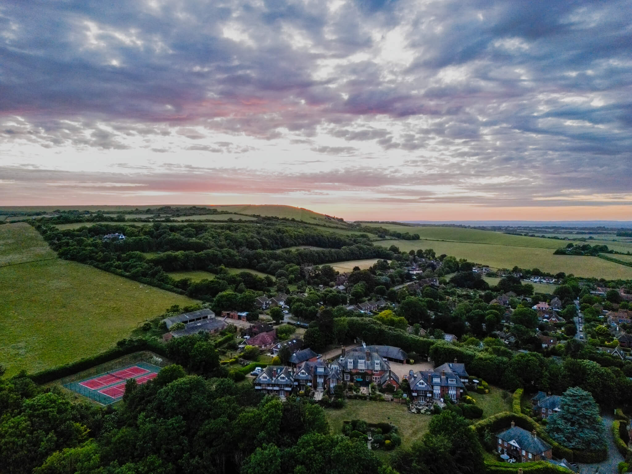 A drone image at twilight of the area and view