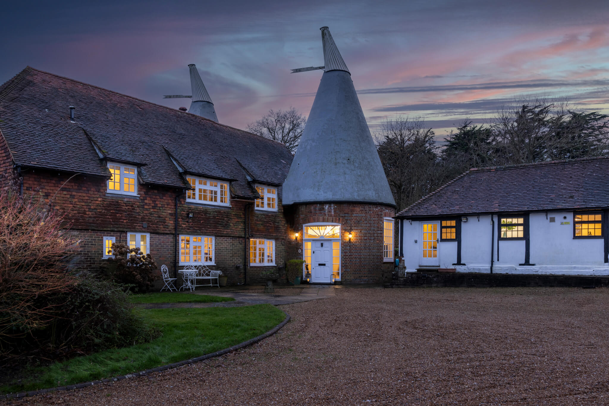 Twilight image of the Oast with a beautiful pink sky